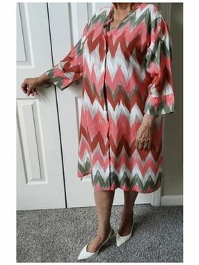 MASAI Zigzag Button Down Dress XL Coral Green Lagenlook Duster Shift EUC